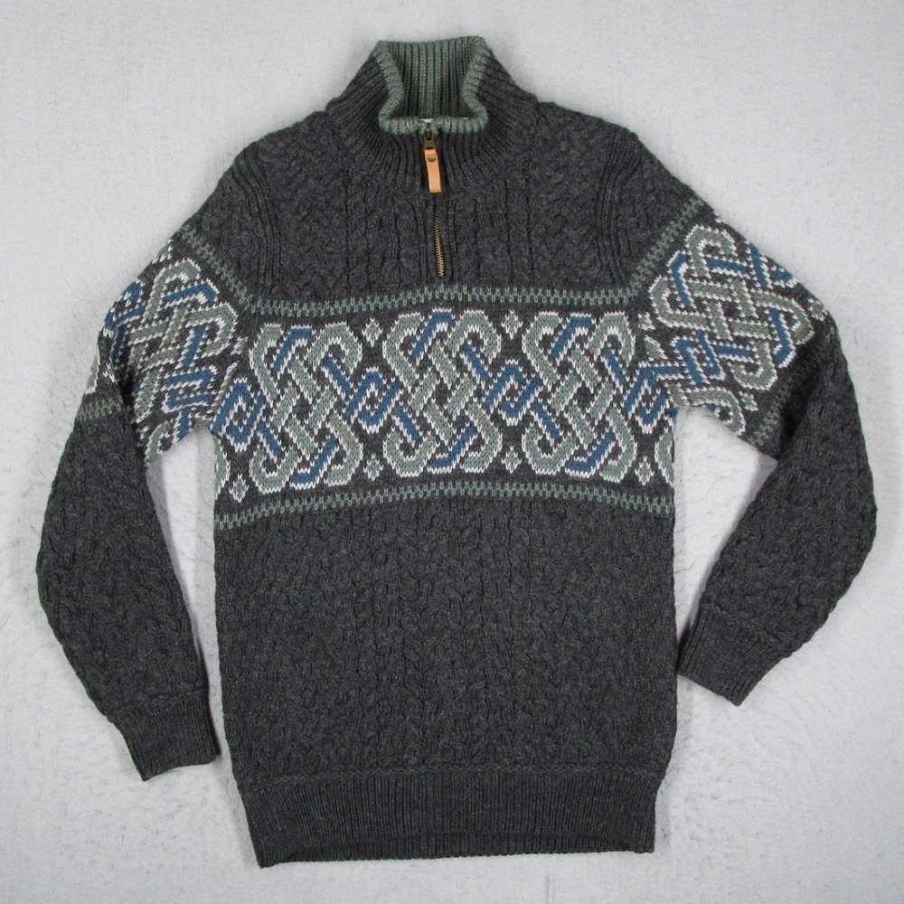 Aran Crafts Mens Small Merino Wool Quarter Zip Sweater Celtic Knot Gray Ireland